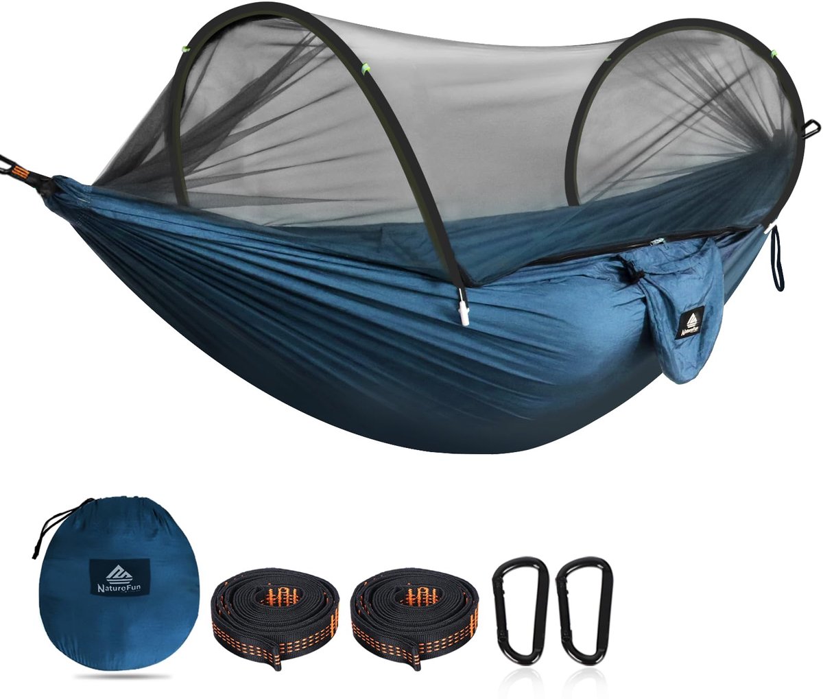Famanu – Ultralichte campinghangmat met pop-up bugnet, 300 kg draagvermogen, ademend en sneldrogend parachute nylon, inclusief 2 premium karabijnhaken en 2 boomstroppen