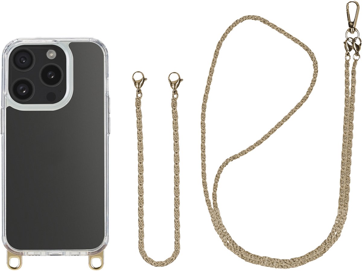 Selencia Transparant Hoesje met Haakjes inclusief Telefoonketting - Geschikt voor Apple iPhone 15 Pro - Goud