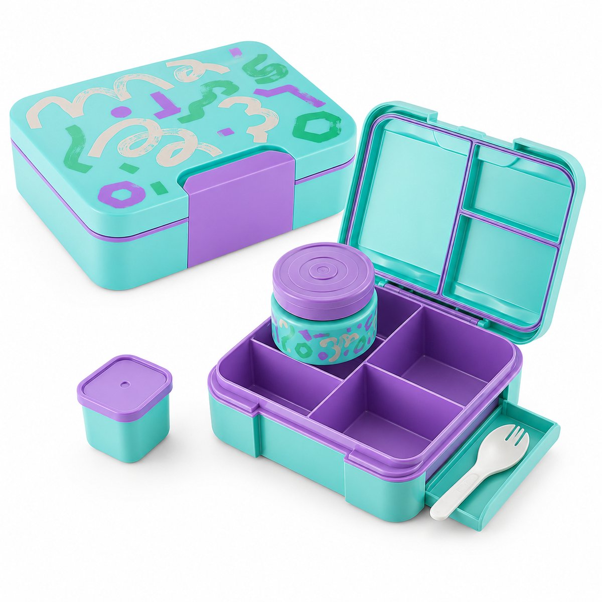 Bobypet Broodtrommel Kinderen met Thermoskan - 1750ml Lekvrije Bento Box met 4 Vakken en Etenstermok - BPA-Vrije Lunchbox voor School en Onderweg