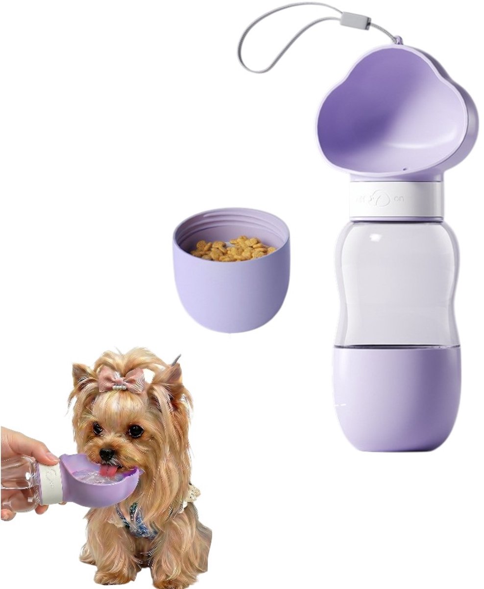 Paarse draagbare drinkfles voor huisdieren - Voerbak voor honden - Essentieel voor op reis - Geschikt voor kleine honden - 25,5*7*10 cm - Inhoud drinkfles 350 ml, inhoud voerbak 200 ml