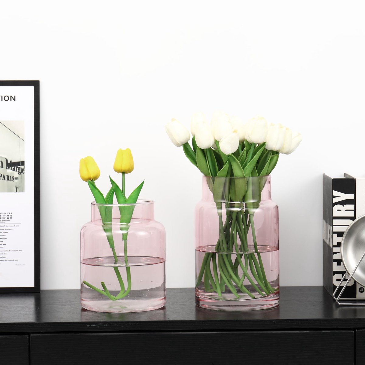 SnelShoppen - Set van 2 Grote Roze Glazen Vazen - Hoge Bloemenvazen met Brede Opening - Decoratieve Kleurige Glas Vazen voor Boeketten - Perfect voor