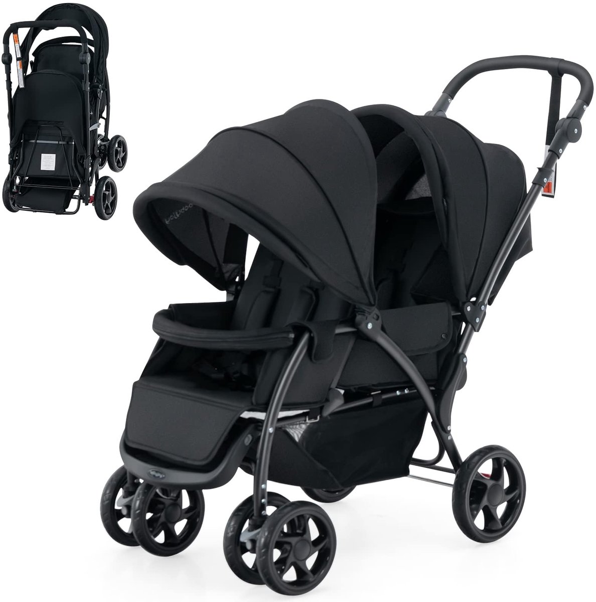 SnelShoppen - Inklapbare Broer en Zusterwagen, Dubbele Kinderwagen met Verstelbare Rugleuning en Kap, Geschikt voor Baby's vanaf 6 Maanden, Tot 30 kg,