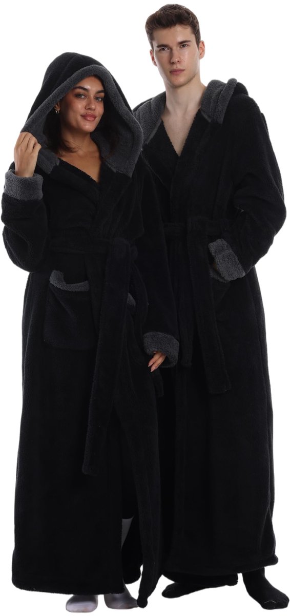 SnelShoppen - Badjas voor Dames en Heren met Capuchon, 2 Zakken, Riem, Lange Katoenen Sauna-Ochtendjas, Zwart, 4XL Grote Maten Extra Tall voor Douche,