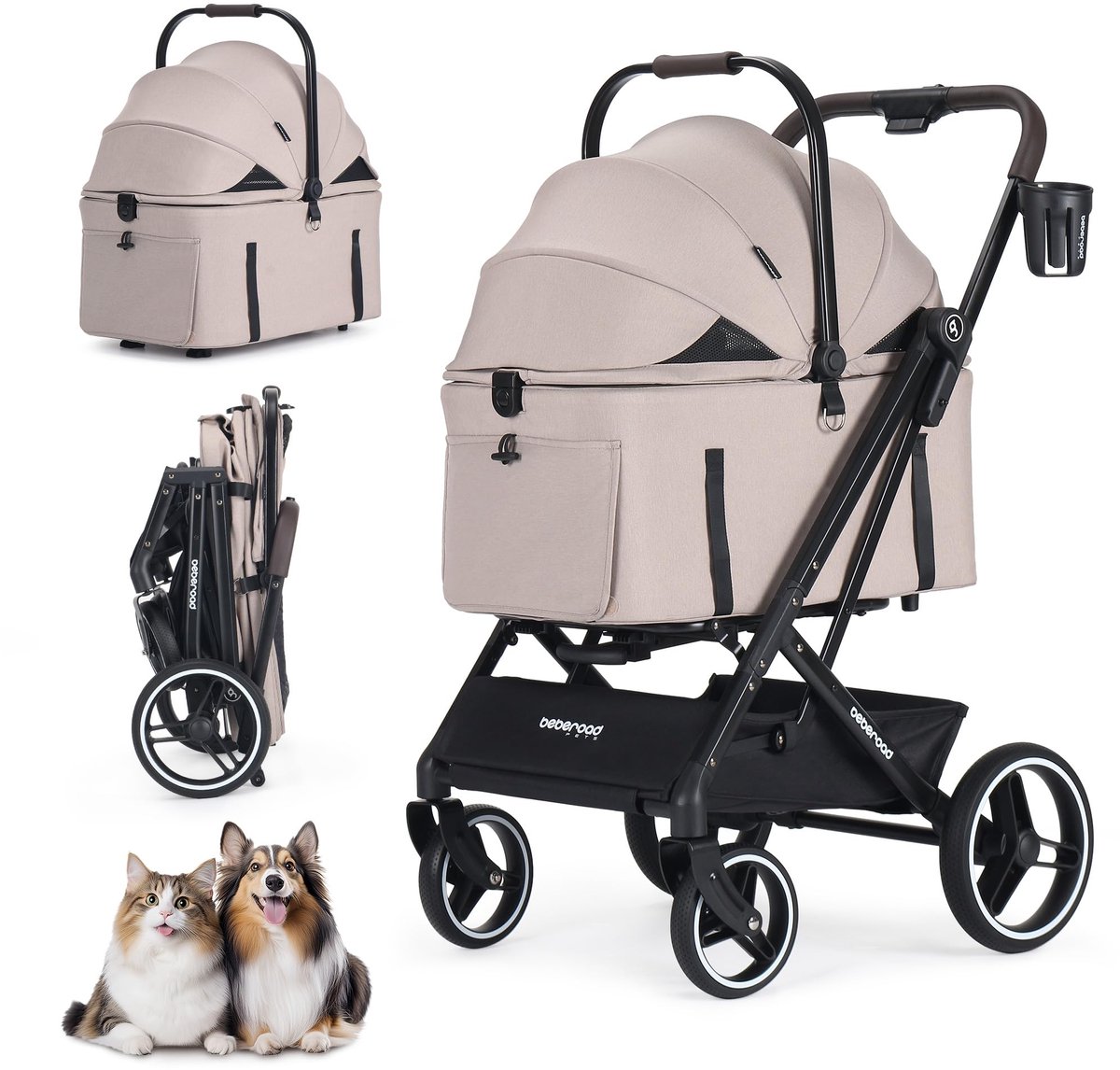 SnelShoppen - Beberoad X3 Huisdier Kinderwagen voor Kleine en Middelgrote Honden en Katten - Camel - Lichtgewicht, Opvouwbaar, Perfect voor Wandelen e