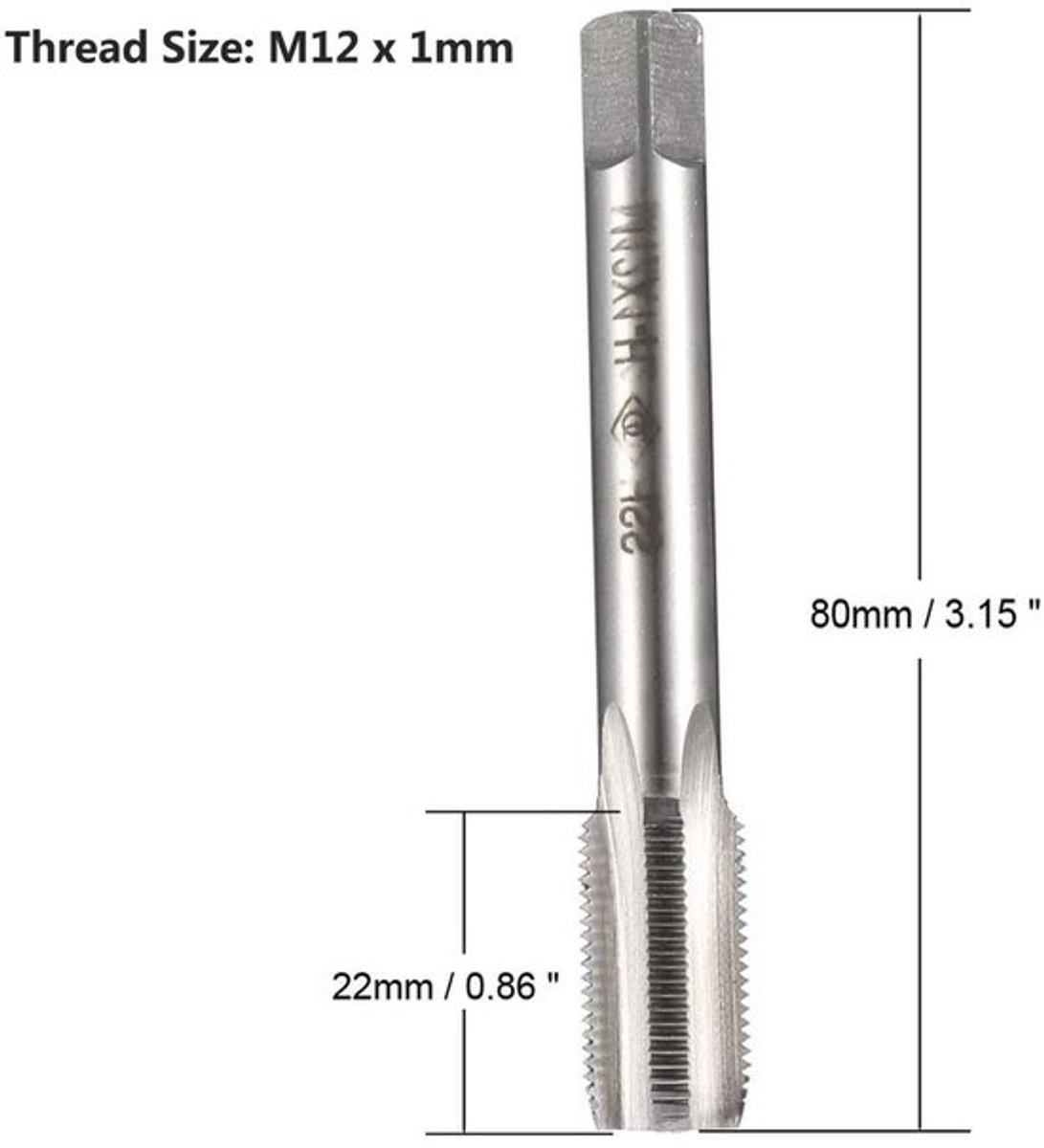 Metrische Machine Tap HSS - M12 x 1 mm - Taper Snijkanten - 22 mm Draadlengte - 80 mm Totale Lengte - Geschikt voor Aluminium/IJzer