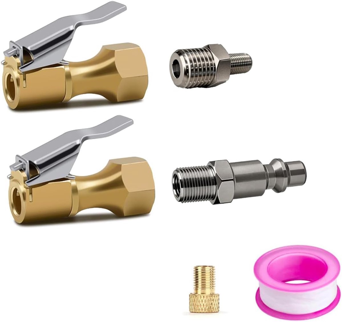 SnelShoppen - 2 Stuks Lock On Messing Ventiel Lucht Chuck, Open Flow Banden Chuck met 1/4" NPT(m) naar 8V1 Adapter, Snelle Plug en Presta Ventiel Adap