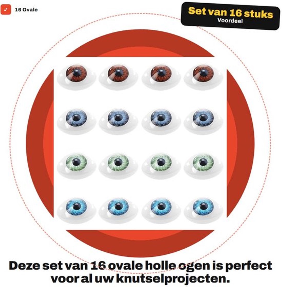 Ogen 16 Stuks - Ovale Kunststof Ogen - Kleurrijke Decoratieve Ogen - Veilig voor Kinderen - Groot Formaat 23mm x 16mm x 9mm - Speelgoedoog