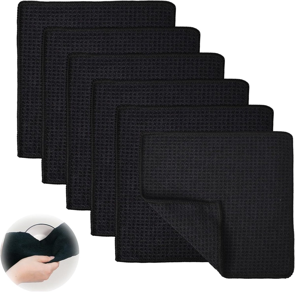 SnelShoppen - Wasbare Keuken Doeken Set van 6 Zwarte Microvezel Doeken, 20 x 20 cm, Extra Absorberende Wafel Doeken, Herbruikbare Keukenhanddoeken voo