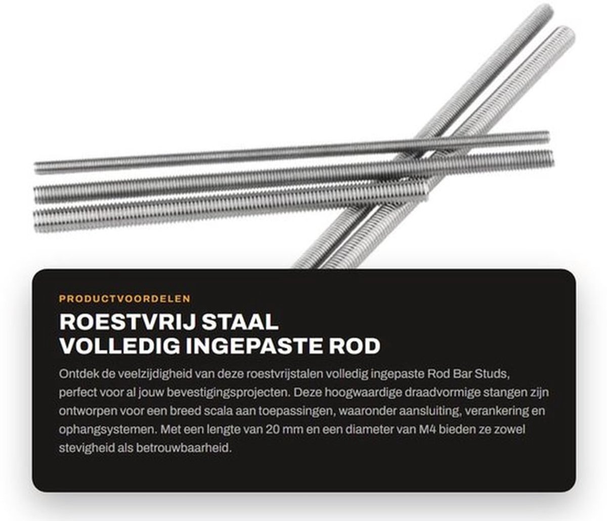 Rod Bar Studs M4x20mm - Roestvrij Staal - 20 Stuks - Duurzaam - Slijtvast - Ingepaste Staaf - Draadstang