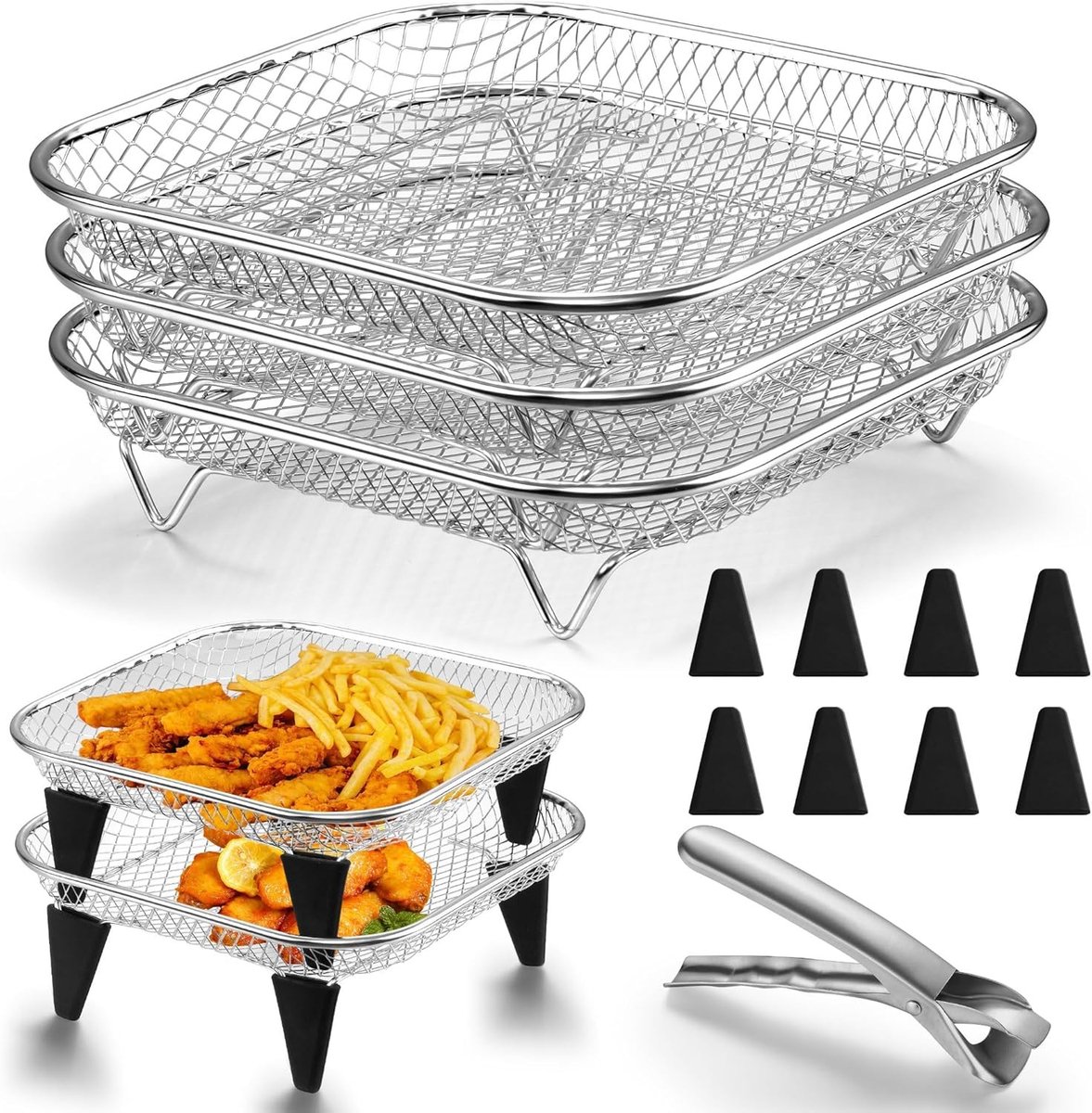 3-delige Accessoireset voor Airfryer - Rvs Bakplaten, Grillrooster en Kookmandje