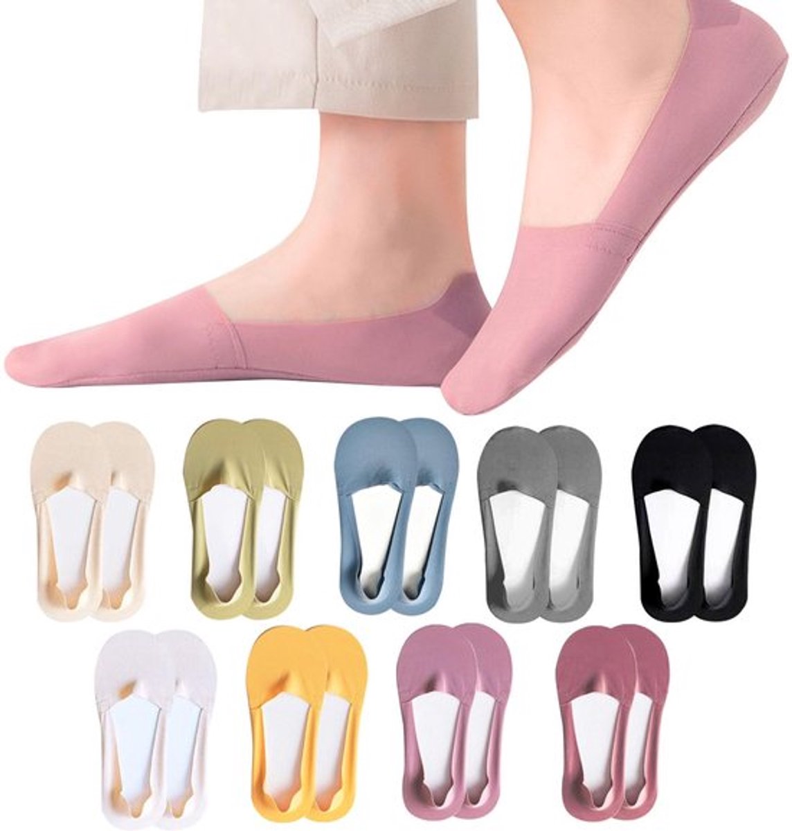 No Show Sokken - Onzichtbare Sokken - Antislip Katoen - Meerkleurig - Ultra Comfort - Maat 4-7 - Geschikt voor Dames
