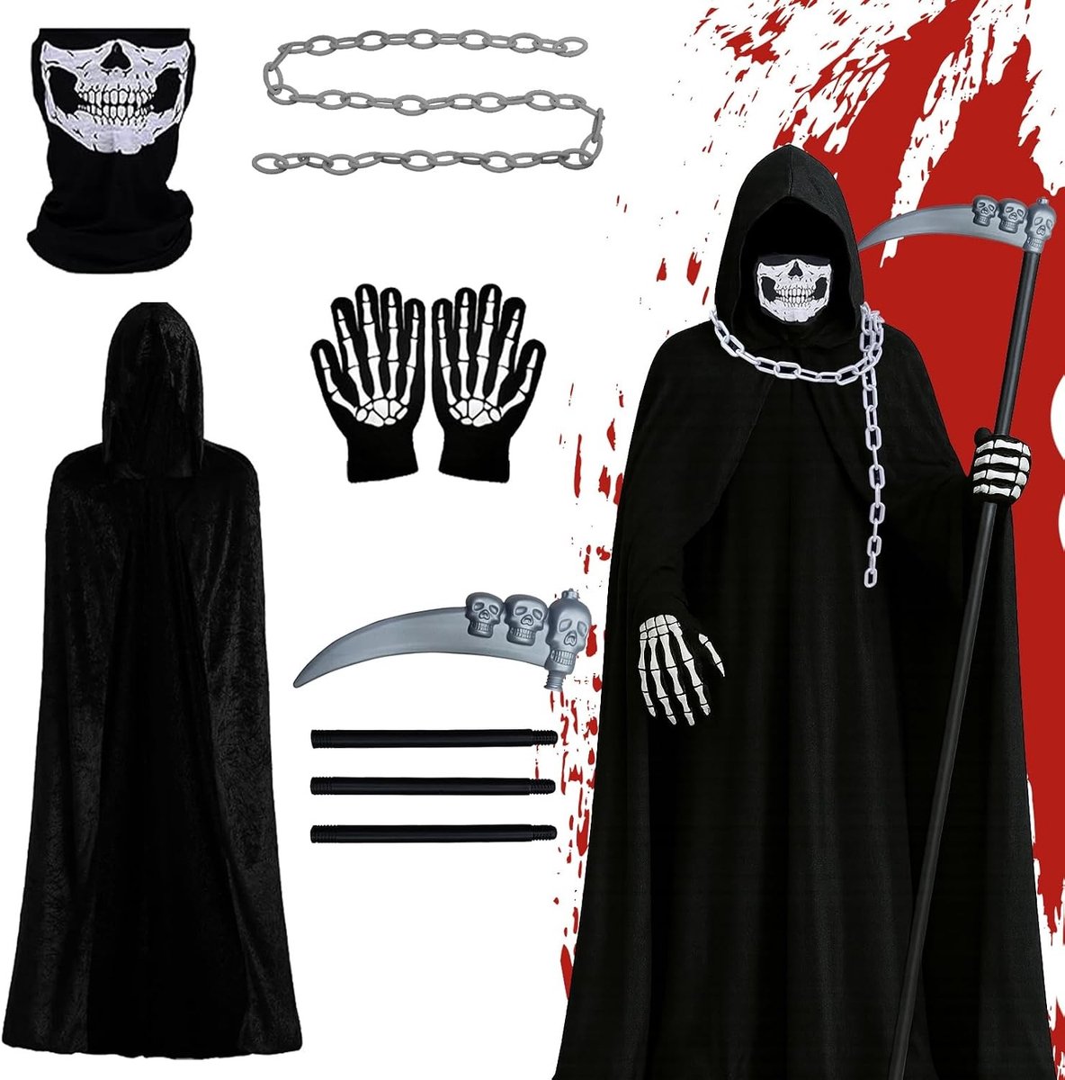 Halloween Grim Reaper Kostuum voor Mannen met Cape, Skeletmasker, Handschoenen en Zeis voor een Eng Feestoutfit