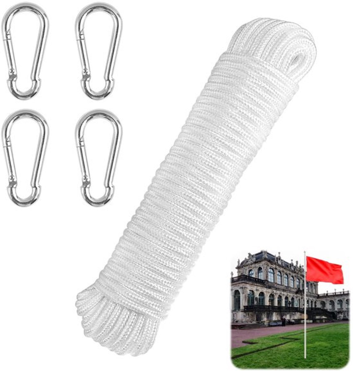 Vlaggentouw 20 m - 6 mm Dik - Gevlochten Nylon - Weerbestendig - Scheurbestendig - Inclusief 4 Haken - Touw