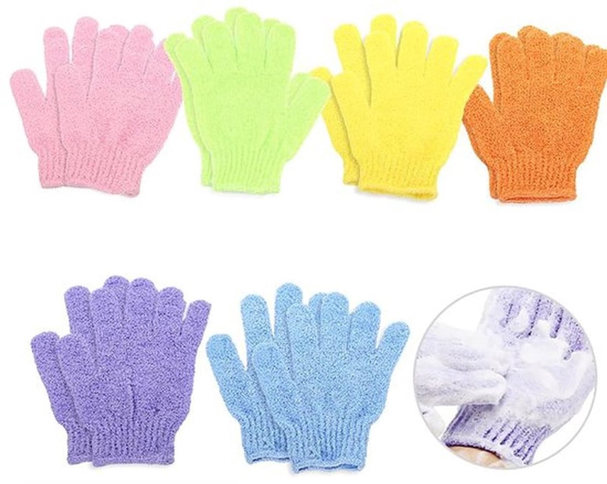 6 paar exfoliërende handschoenen set, douchehandschoenen, exfoliatorwanten, exfoliërende handschoen voor bad, douche, spa, bodyscrub, massage, dode huidverwijderaar (roze, blauw, groen, geel, paars,