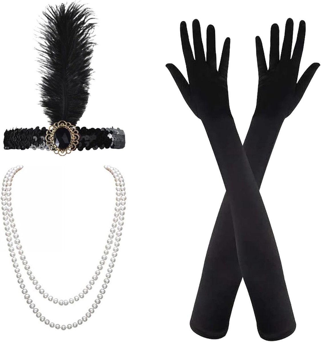 4 x 1920s Flapper Great Gatsby Accessoire Set met Hoofdband, Lange Zwarte Mouwen en Ketting voor Charleston Kostuum voor Vrouwen