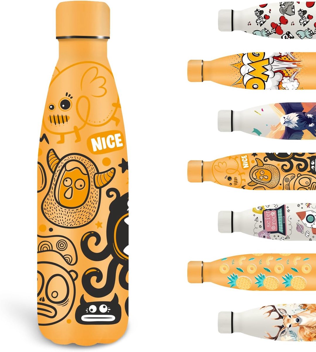 SnelShoppen - RVS Drinkfles 500 ml, BPA-vrij, Sport Drinkfles, Lekvast, Gepersonaliseerde Waterfles voor Jongens en Meisjes, Geel, School, Camping, Ha