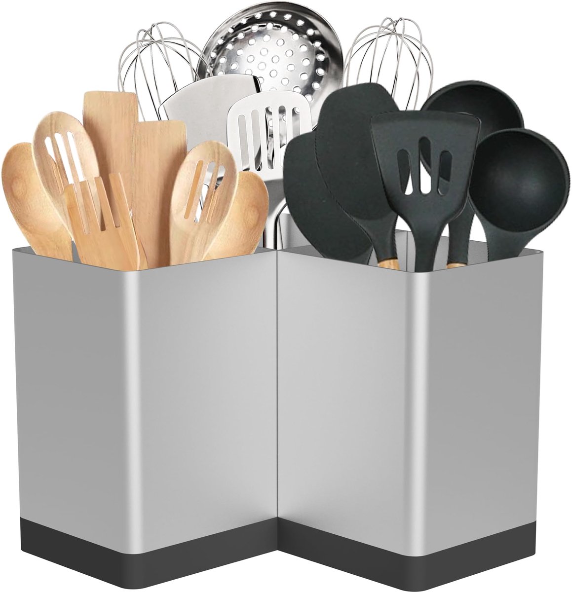 SnelShoppen - Extra grote keukengereihouder met 3 vakken, metalen keukenorganizer, zilverkleurig, multifunctionele keukentool voor koken en bakken