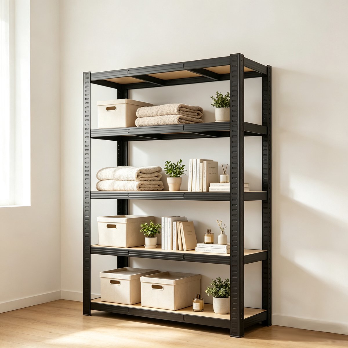 Dit zwarte verstelbare opbergrek heeft 5 planken en meet 60 x 30 x 180 cm Dit stevige metalen rek is ideaal voor gebruik in garages keukens voorraadkasten kelders badkamers en andere vergelijkbare ruimtes
