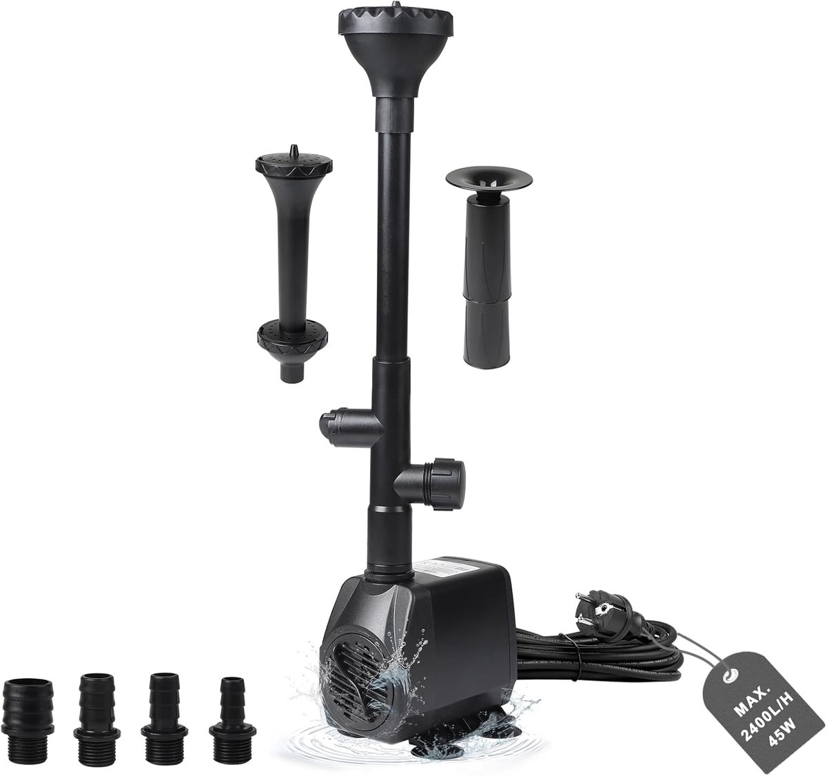 SnelShoppen - Vijverpomp 2500 l/u, 45 W, 4 Sproeiers, 3 Fonteinstijlen, Decoratieve Pomp voor Buiten, Beekloop, Tuin, Aquarium, Metaal