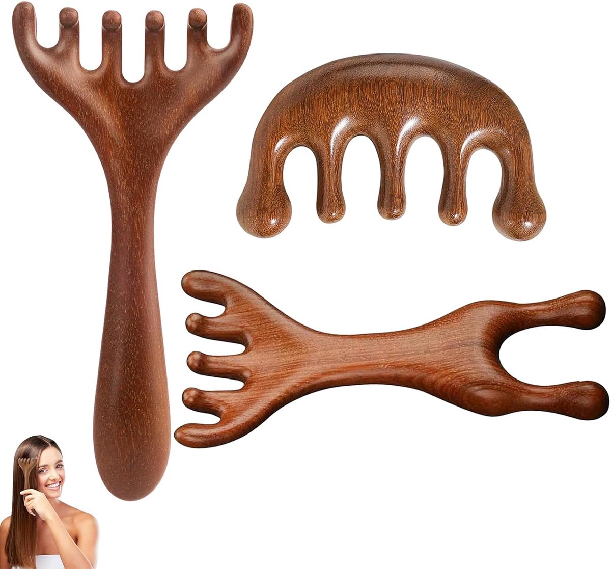 SnelShoppen - Massage Kam Hout, 3 Stuks Hoofdmassage Borstel Natuurlijke Hoofdmassager Verlicht Vermoeidheid voor Spa en Ontspanning Therapie