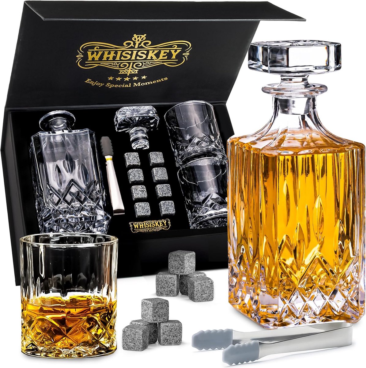 SnelShoppen - Luxe WHISISKEY Whiskey Karaf Set - 700ml Decanteer Karaf met 8 Whisky Stones, 2 Whisky Glazen 310ML & Extra Accessoires voor Mannen - Pe