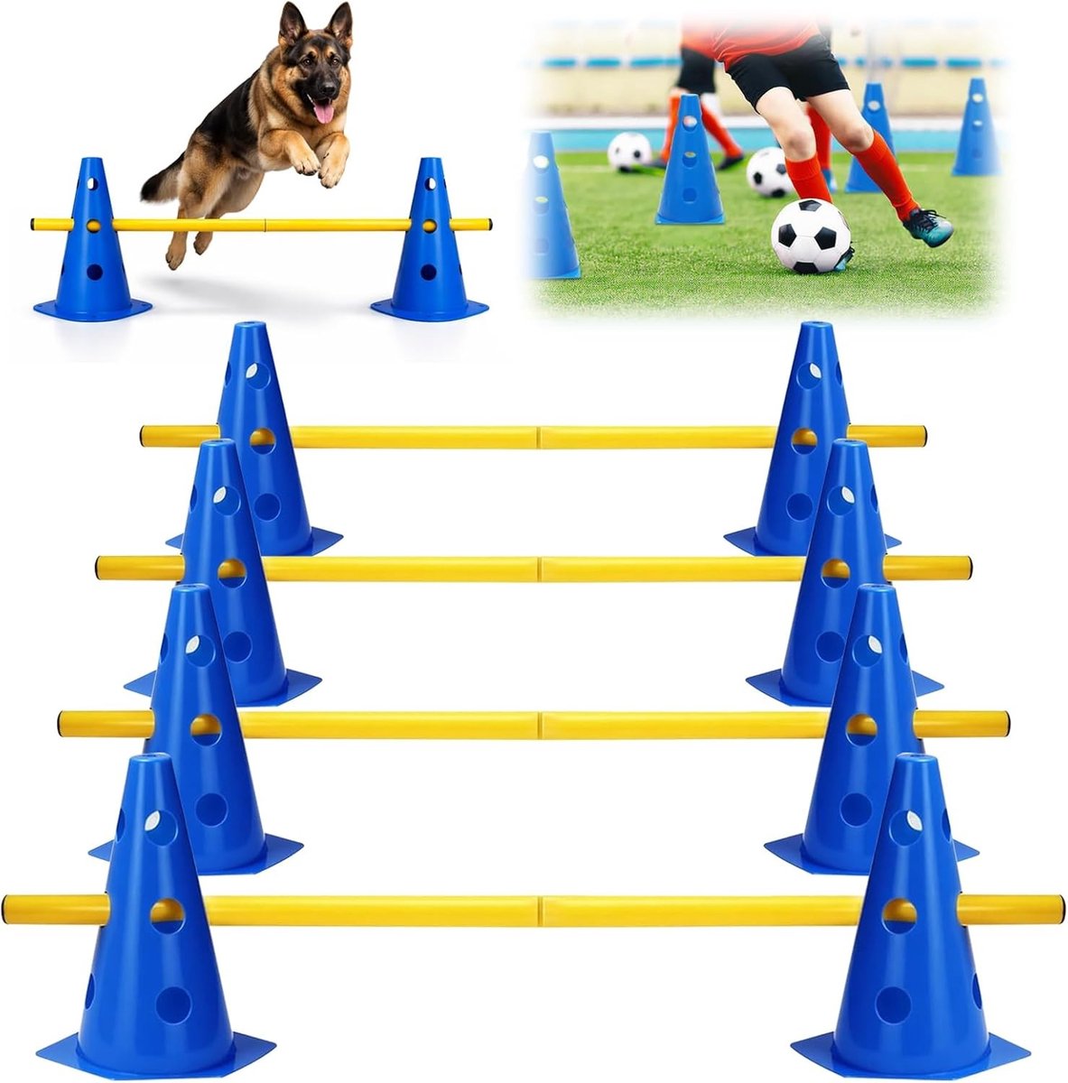 Behendigheidshordenset voor kinderen met 12 kegels en 6 stangen, ideale obstakels voor hondenparcours en trainingsdoeleinden, instelbare horden voor sport en spel