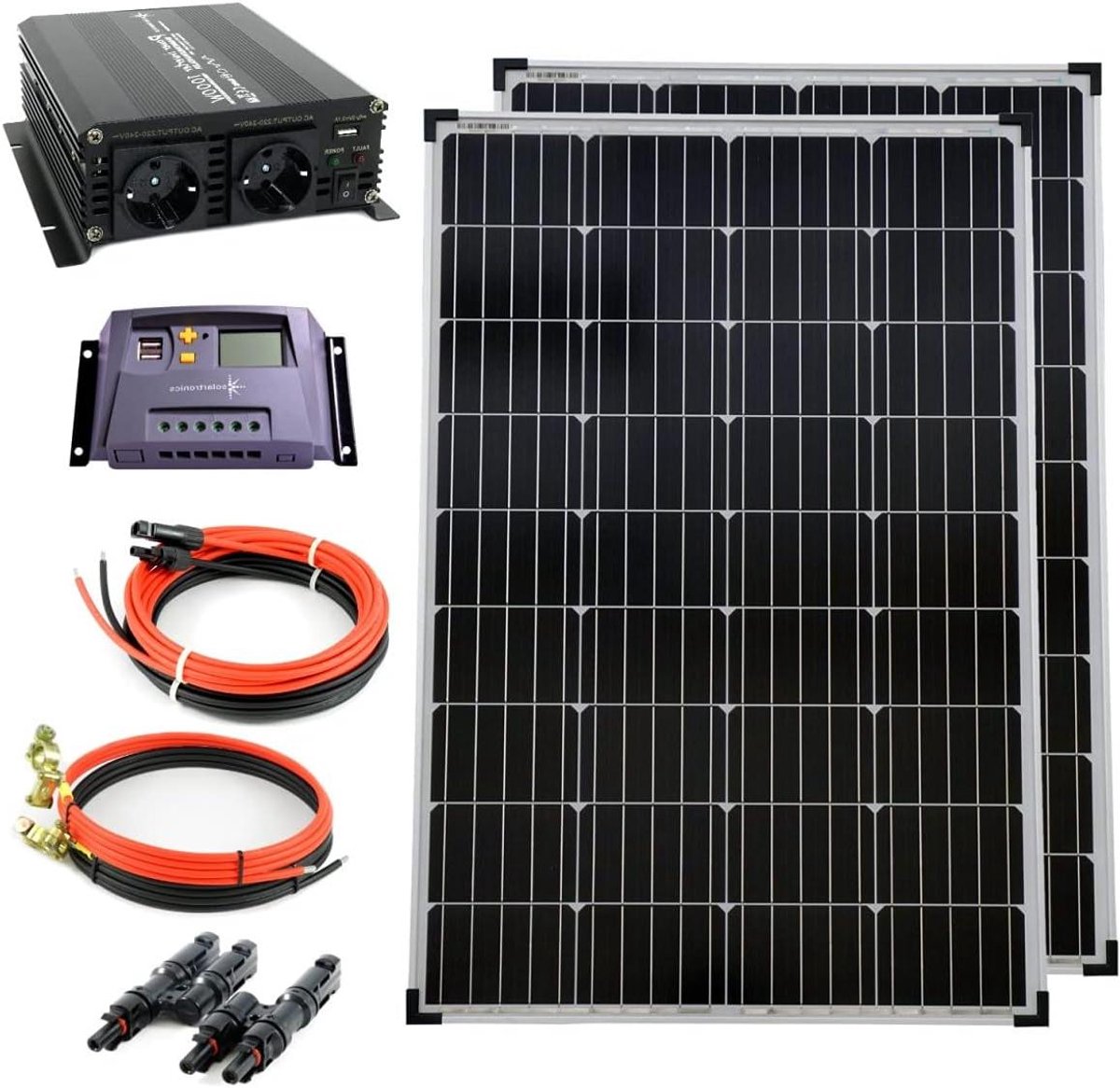 Zonne-energie set - Energie opwekken - Zelfvoorzienend leven - Dubbele paneel installatie - 2x 100 Watt - Geel