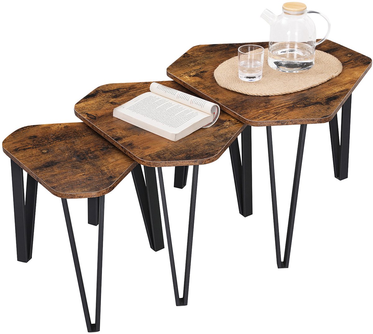 Conway Living® - Salontafel Set van 3 - Nestbare Bijzettafels - Industrieel Design - Hout & Metaal - Rustiek Bruin / Zwart