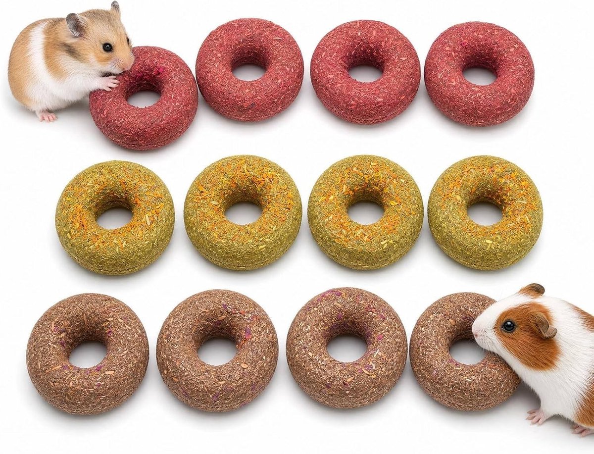 Kauwspeelgoed voor konijnen en knaagdieren, 12 bloesemhooidonuts in 3 smaken: aardbeien, pompoen en groenten, natuurlijke knabbelringen met havergras, rozenblaadjes en goudsbloem voor cavia's en chinchilla's