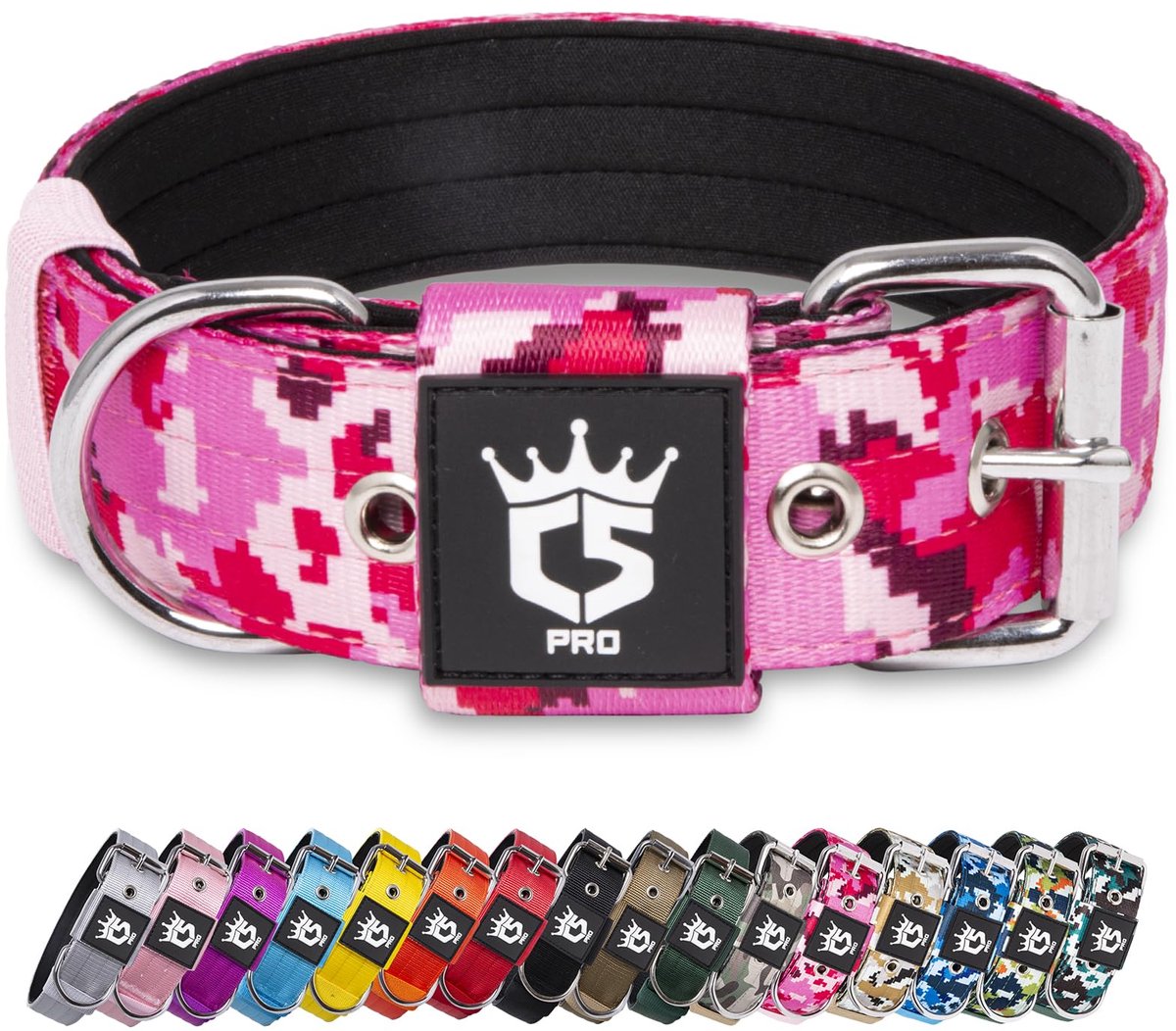 SnelShoppen - Tactische Hondenhalsband Dikke Halsband Met Metalen Gesp Verstelbaar Voor Zware Honden Nekmaat 48-55 cm Camo Roze L