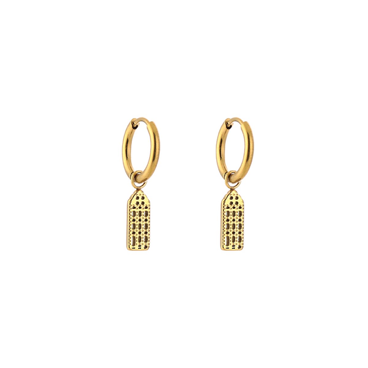 Stainless Steel Cutout Canal House Charm Hoops – Luxe Opengewerkte Grachtenpandjes Oorringen – RVS - Goud