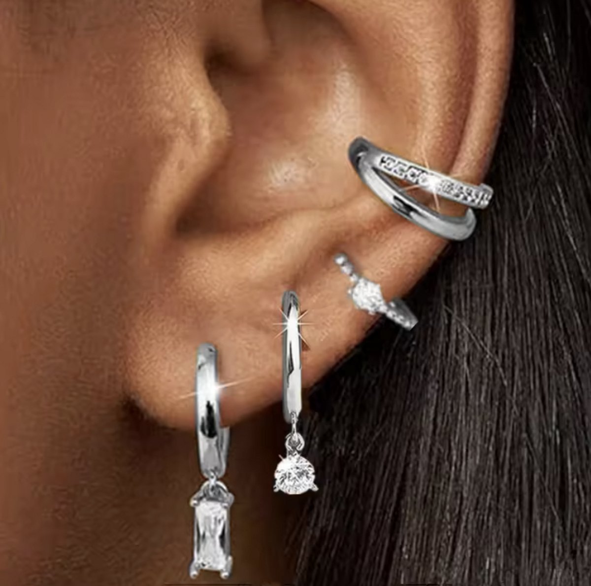 Oorbellen Set - 4 stuks - Kleur: Zilver - Luxe Oorbellen - Incl. Cadeauverpakking - Oorhangers / Oorring / Oorknopjes - Hoge Kwaliteit RVS - Stainless Steel / Roestvrijstaal - Verkleurt Niet - Oorbellen Set - Oorbellen Vrouwen / Dames