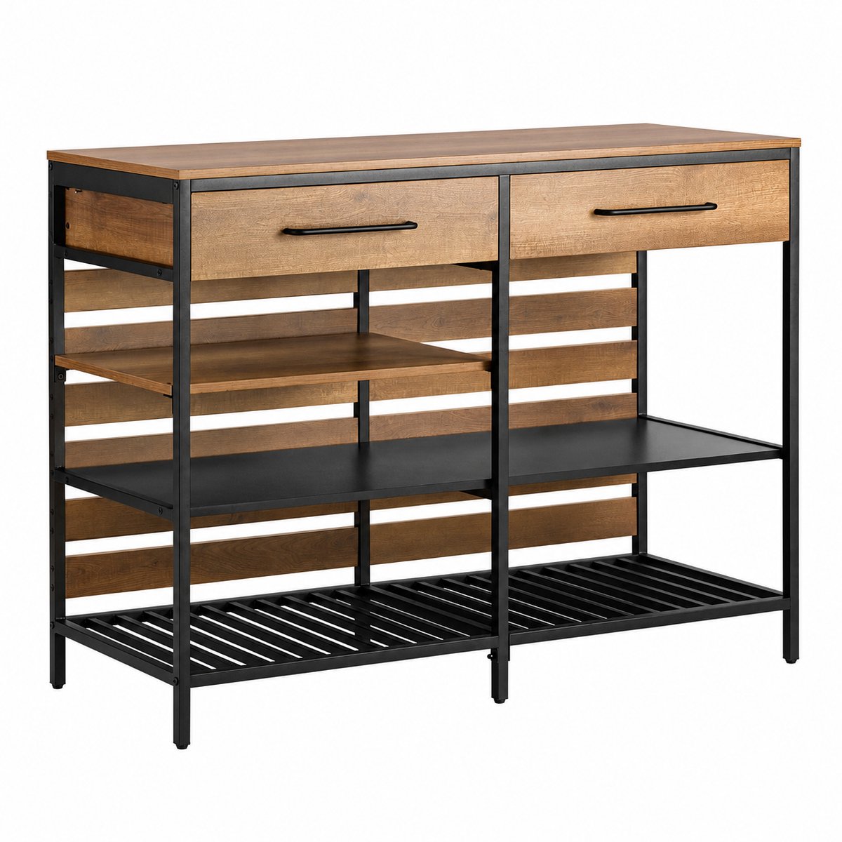 CORE Keukeneiland - Keukenwagen met Lade en Opbergplanken - Multifunctionele Keukenkast en Dressoir - Verrijdbare Opbergkast voor Magnetron, Servies en Keukenaccessoires - Ruime Keukenplank - Stevig Industrieel Design - 120x45x91 Houtlook/Zwart