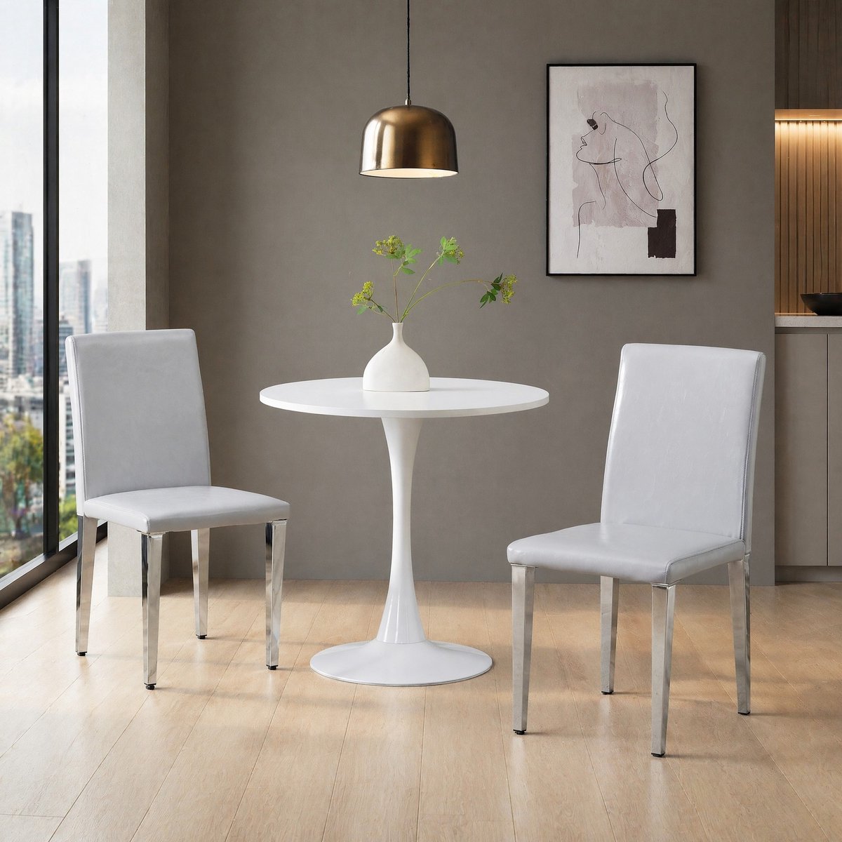 MEUNIQ Eetkamerstoelen set van 2 lichtgrijs en zilver, PU-kunstleer met metalen poten, hoge rugleuning, gewatteerde zitting voor eetkamer