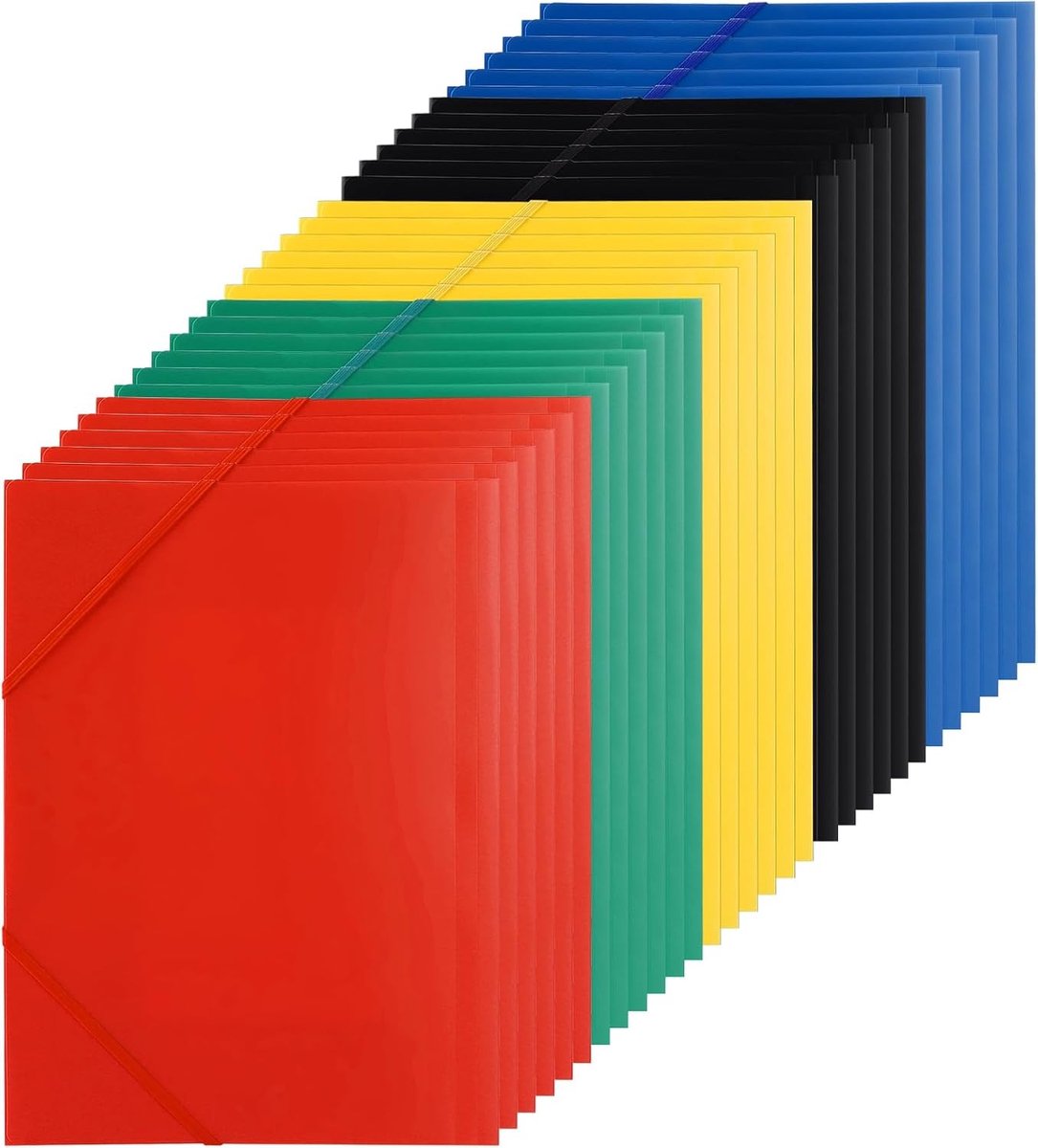 Verzamelmappen A4 meerkleurig - 30 stuks insteekmappen met hoekspanner, opvouwbare documentenmap voor school, kantoor en projecten, 31,5 x 24 cm