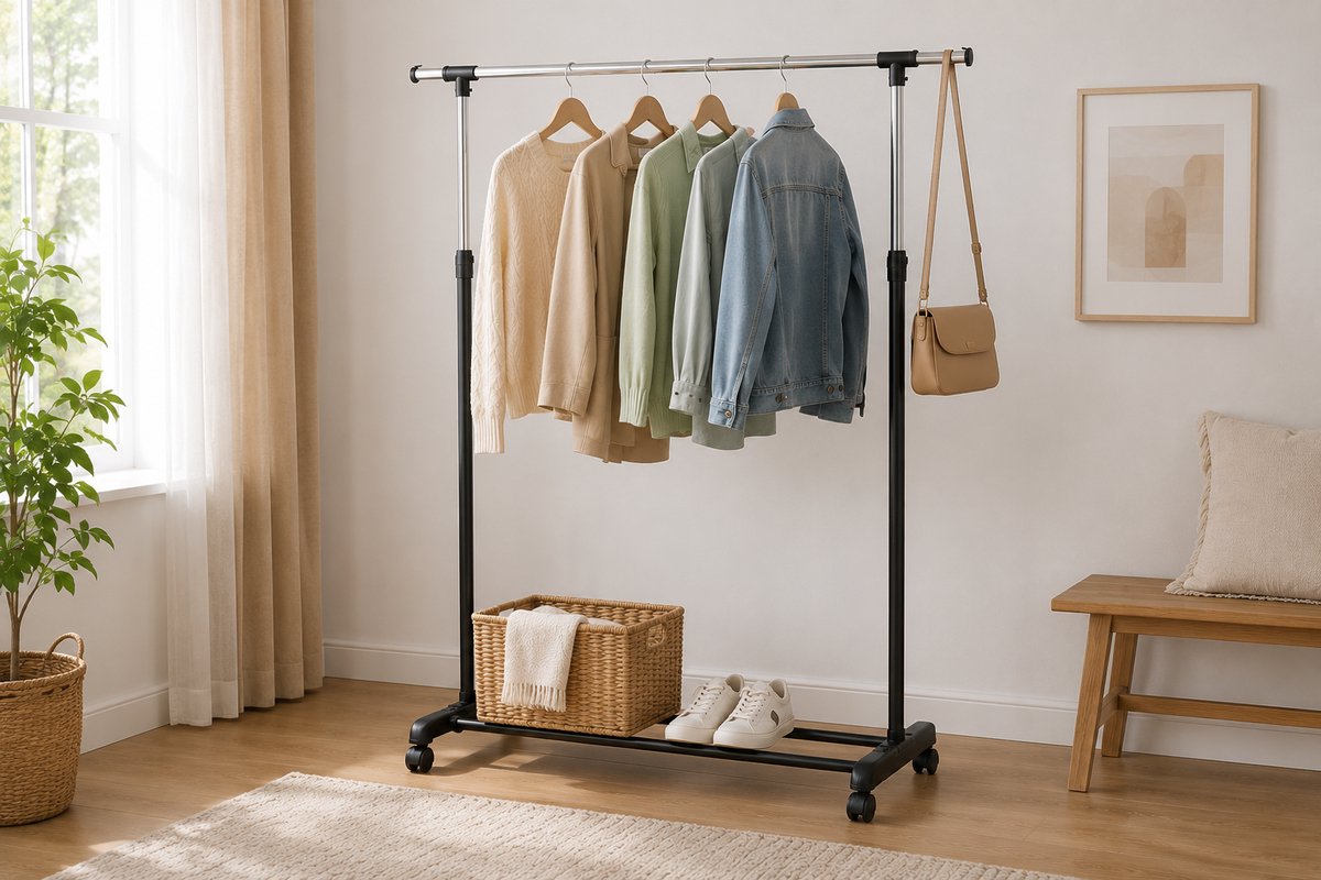 Kledingrek - Kledingrek op Wieltjes - Geschikt voor Kledinghangers - Garderoberek - Verstelbaar 100-170 cm - Uitschuifbaar 82-125 cm - Zwart