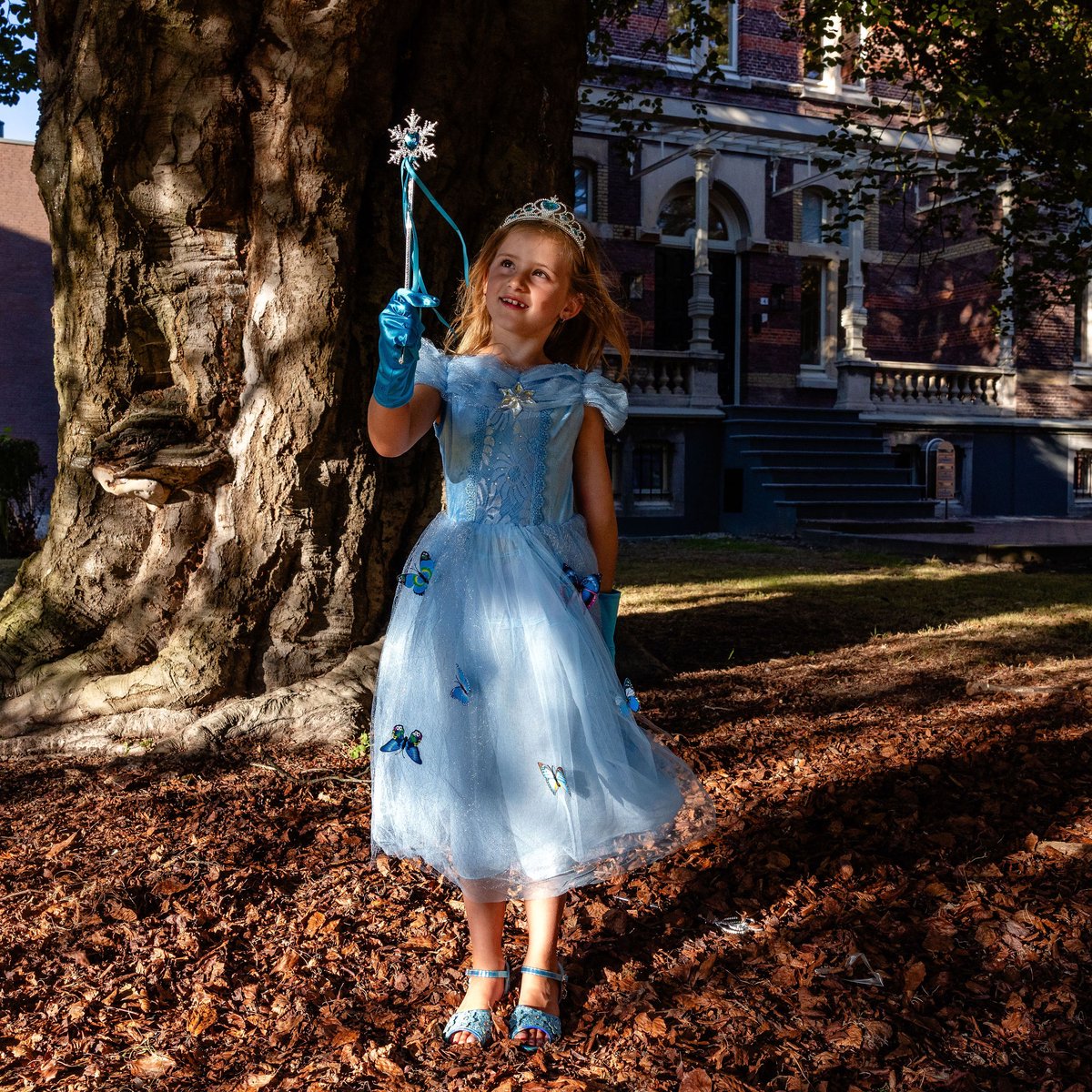 Prinsessenjurk meisje - Blauwe jurk met vlinders - Het Betere Merk - Verkleedkleding meisje - Kroon, toverstaf, vlecht & handschoenen — afbeelding 7