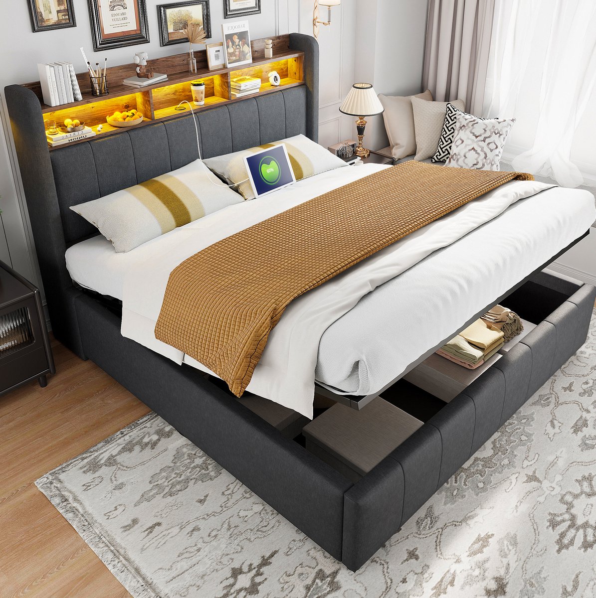 COVREO Bed 160x200 cm grijs met LED en opbergruimte zonder matras