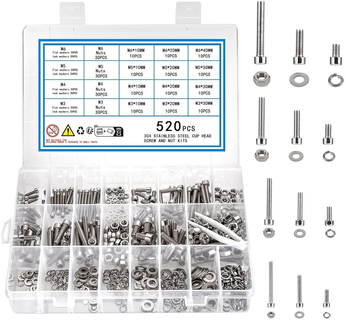 Complete Schroefset met 520 Stukken - M3, M4, M5, M6 Cilinderschroeven, Moeren en Ringen van RVS voor Diverse Toepassingen