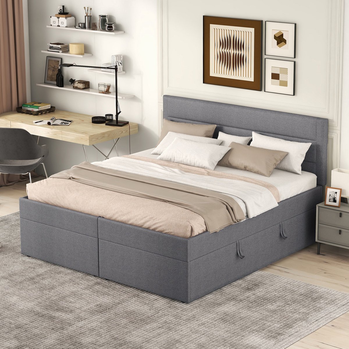 COVREO Bedframe 140x200 cm - grijs stoffen, opbergruimte, zonder matras