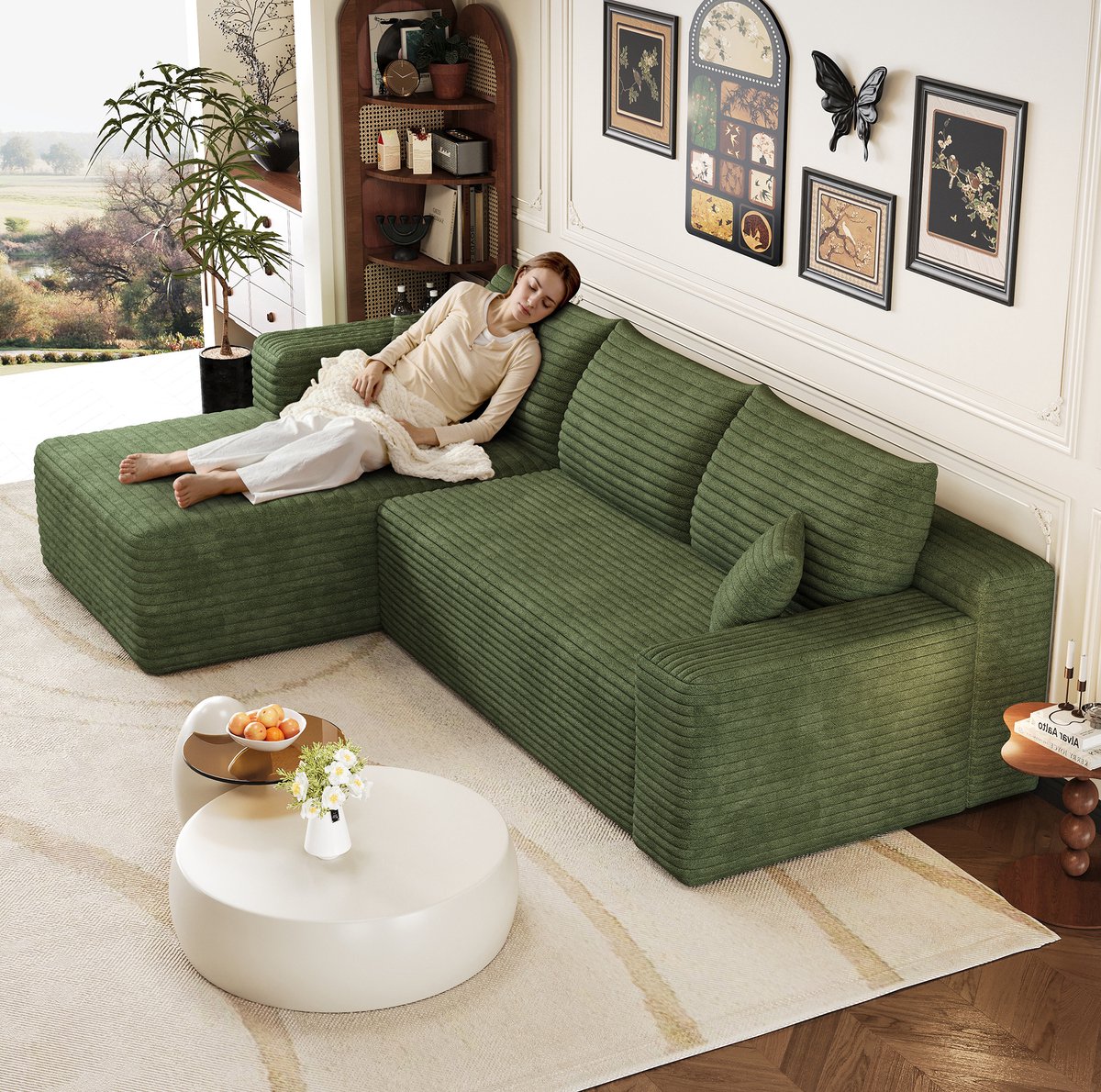 REDOM Hoekbank - L-vormige chaise longue - Zonder montage - Moderne stijl - Woonkamer - Stof - Groen - 241 x 151 x 84 cm Groente