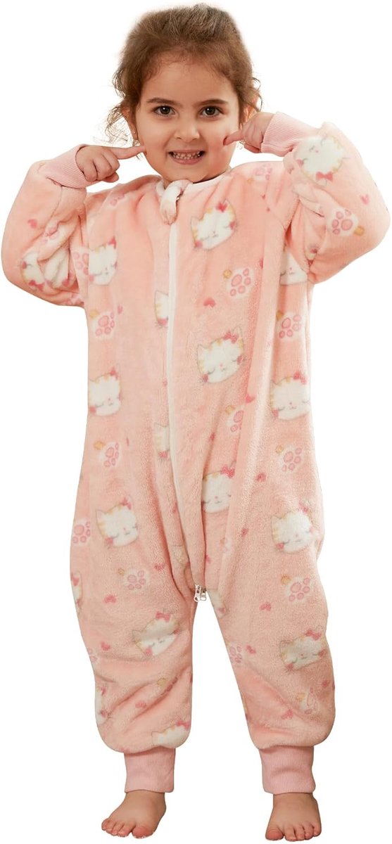 SnelShoppen - Unisex Flannel Langarm Slaapzak met Voeten, Drievoudige Rits, Roze Kat, 3-4 Jaar, Ideaal voor Kinderen, Comfortabel en Warm, Perfect voo