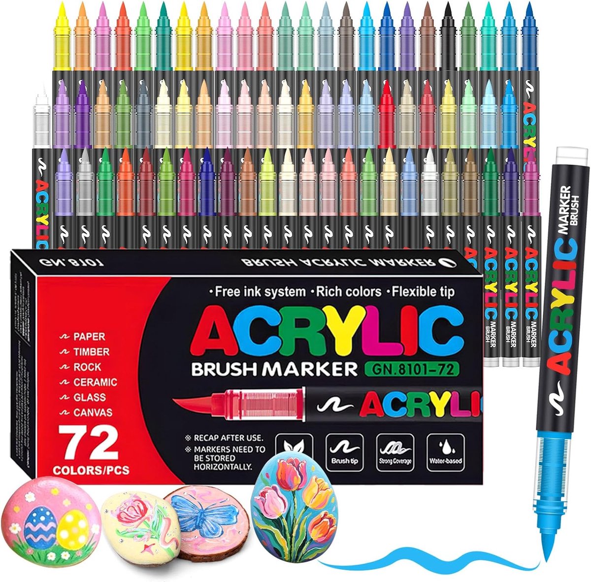 Acrylstiften 72 Kleuren – Acryl Markers met Flexibele Penseelpunt 1-6 mm – Voor Steen - Glas - Hout - Keramiek - Canvas