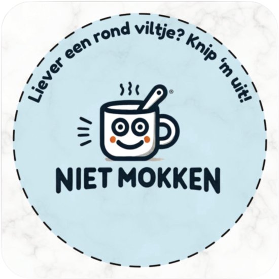 Ronde sticker met een lachende mok met de tekst 'NIET MOKKEN'.