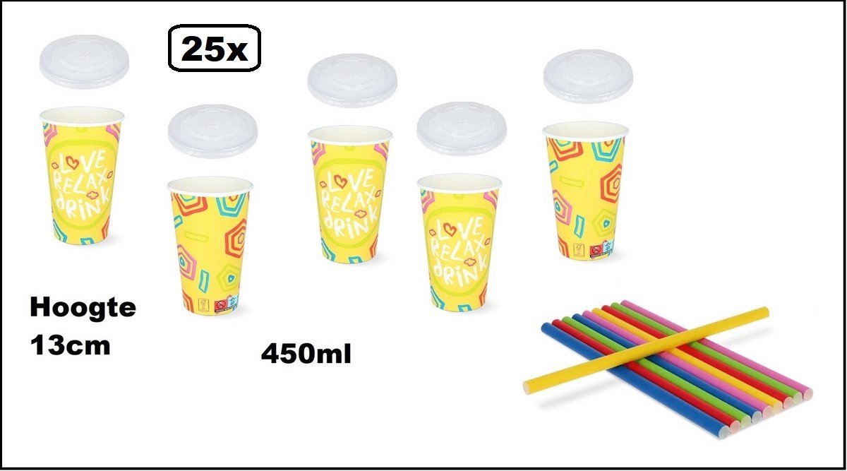 25x Milkshake beker Relax geel 450ml + 25x deksel + 25x rietjes color - Karton - Drinken beker thema feest festival evenement fun diner milkshakebeker