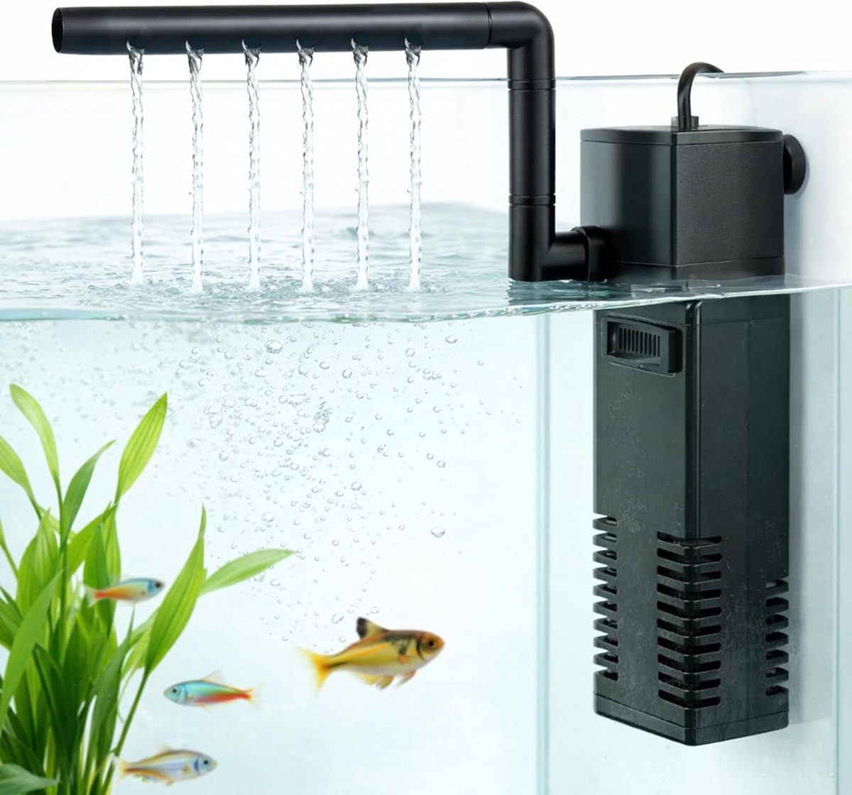 SnelShoppen - Interne Aquariumfilterpomp 200 l/u, Stil Dompelfilter met Regenstang, Meerlaagse Filtratie, Instelbare Debiet voor Aquaria tot 40 l, Com