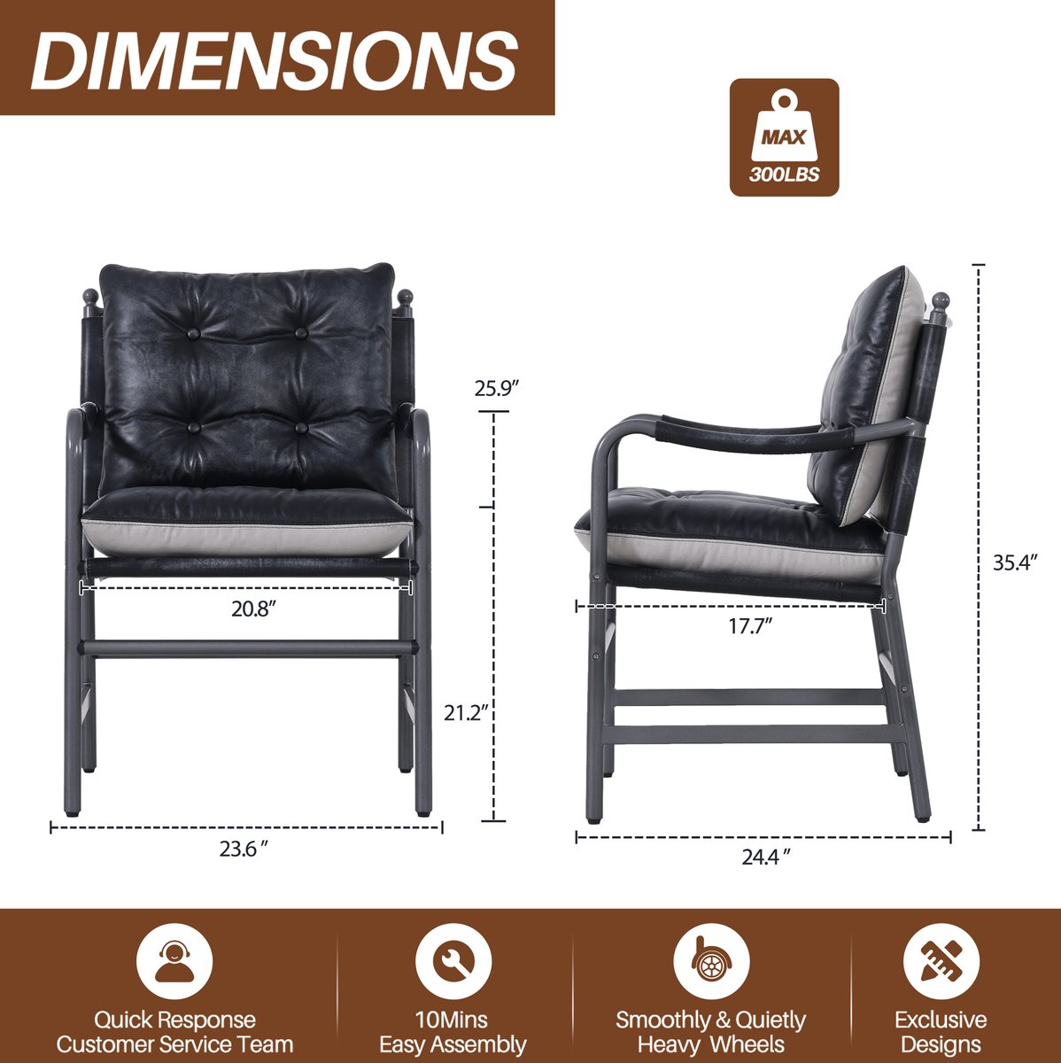OKWISH Fauteuil - 60 x 62 x 90 cm - Met Armleuningen en Gewatteerde Zitting - Voor Woonkamer of Slaapkamer - Leer en Metaal - Zwart