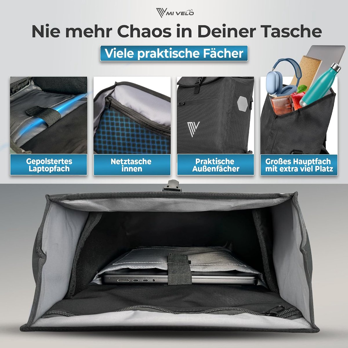 SnelShoppen - 3-in-1 Fietstas voor Bagagedrager, Gevoerd Laptopvak, Waterdicht, Reflectoren, Rugzak, 20 Liter, Zwart