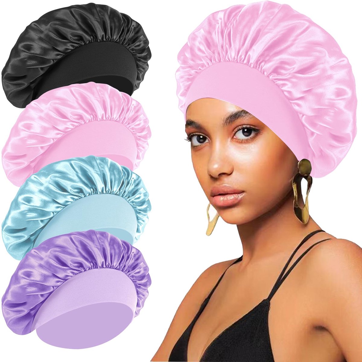 SnelShoppen - 4 stuks satijnen haarbonnet om te slapen, zijden haarwikkelkap voor krullend haar, elastische haarbonnet met brede band, douchemuts voor