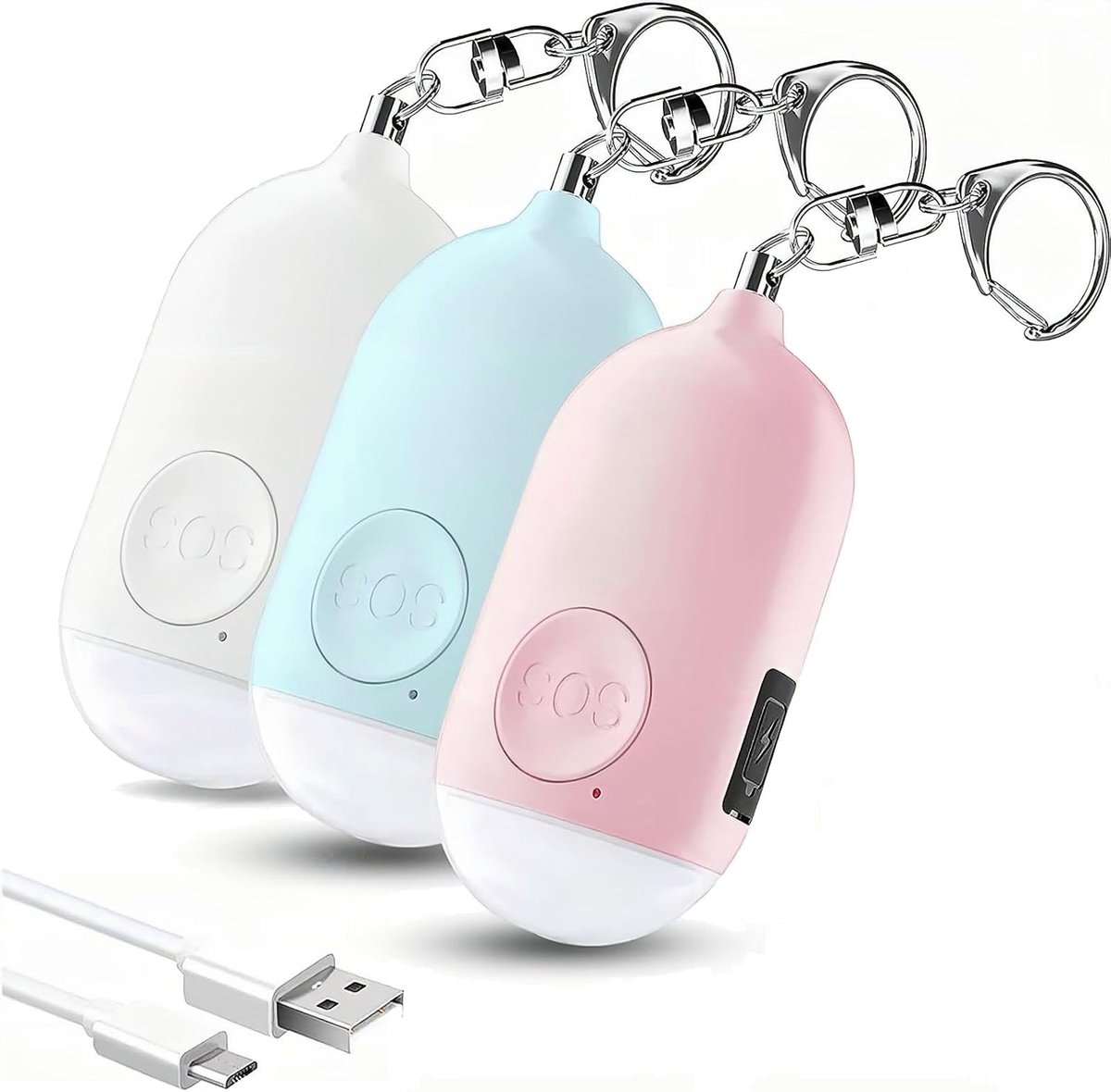 SnelShoppen - Persoonlijk Alarm Systeem voor Vrouwen 3 Pack Oplaadbaar 130 dB Zelfverdedigingsalarm Sleutelhanger met LED Zaklamp Noodalarm voor Kinde